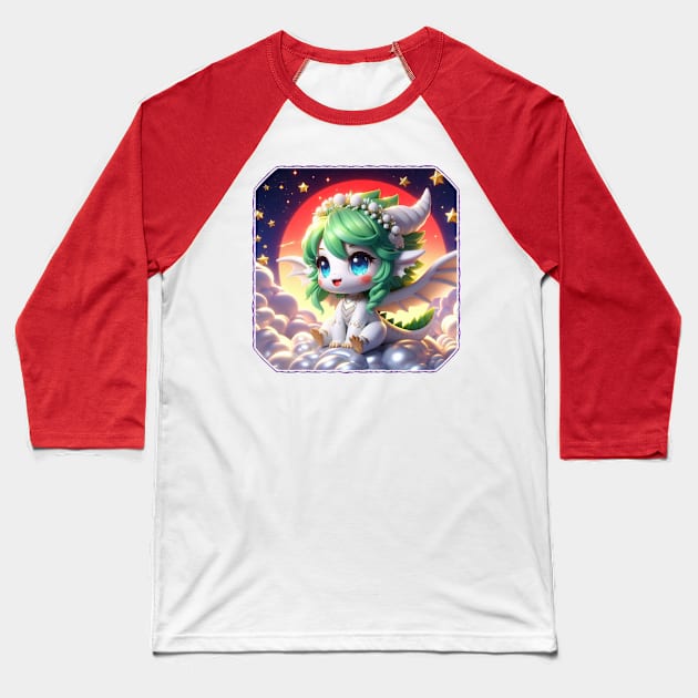 Cute White Dragon Girl Baseball T-Shirt by PlayfulPandaDesigns